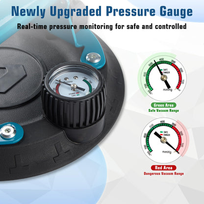 8" Glass Suction Cups with Pressure Gauge, 2 Pack Vacuum Suction Cups with Metal Handle, Heavy Duty Hand-held Suction Cups for Glass & Granite Lifting, 440 lbs Load Capacity with Carrying Case