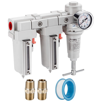 NANPU 3/8" NPT T-Handle High Pressure Air Drying System - Double 5 Micron Particulate Filter & Air Pressure Regulator Piston Combo, Semi-Auto Drain＆Gauge