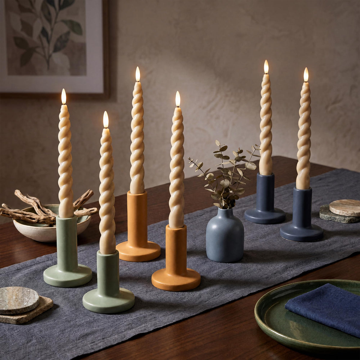 West Ivory Full Twisted Spiral Flameless LED Taper Candles – Light Tan, Set of 6 – 2/4/6/8-Hr Timer (24-Hr Memory), Remote, Dimmable, Bottom On/Off Button, Flicker/Steady, Battery Operated