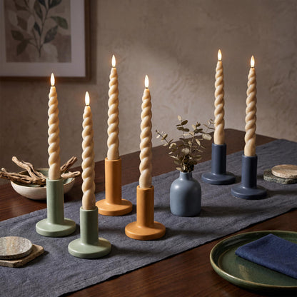 West Ivory Full Twisted Spiral Flameless LED Taper Candles – Light Tan, Set of 6 – 2/4/6/8-Hr Timer (24-Hr Memory), Remote, Dimmable, Bottom On/Off Button, Flicker/Steady, Battery Operated