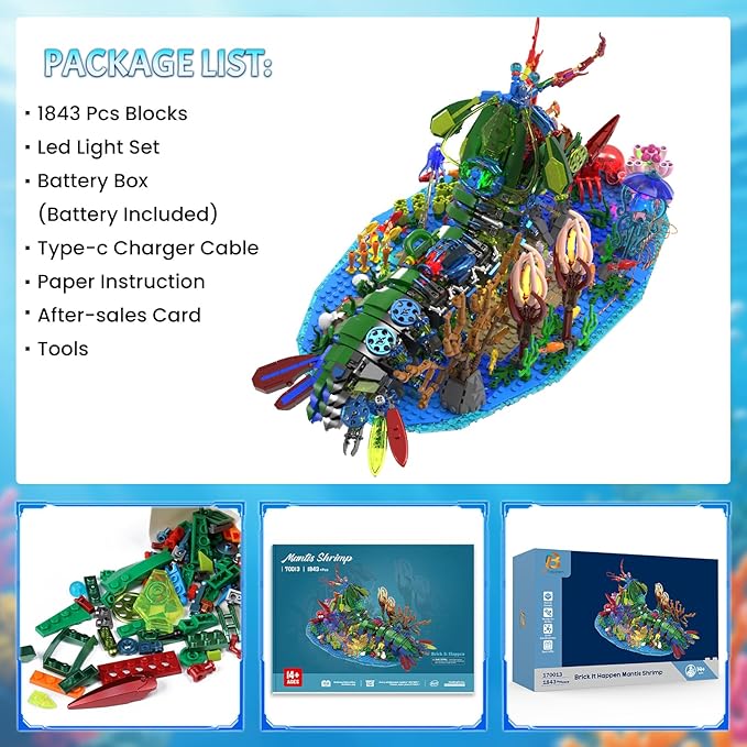 Mechanical Mantis Shrimp Building Block Sets 1843 Pcs Sea Creatures Building Toys with Miniature Undersea Landscape &amp Led Light 18.11x9.45x9.84in DIY Model Kit for Adults Teens 14+