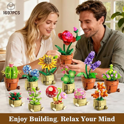 12 Pack Flowers Plants Mini Building Set - 1697PCS Flower Botanical Collection 3.6MM Succulent Building Toy for Home Office Decor Easter Birthday Party Favors Gift for Adults Girls Boys 12+