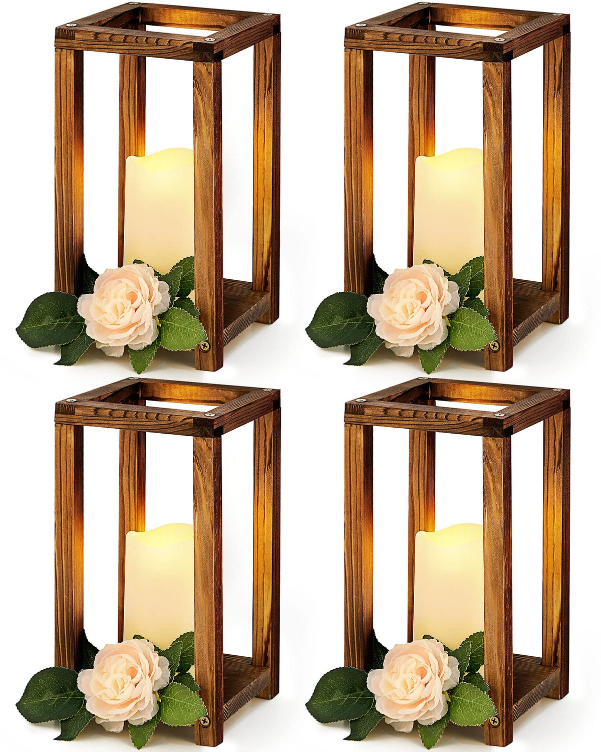 Huquary 8 Pcs Wooden Wedding Lantern Centerpiece for Table Decoration Includes 4 Farmhouse Candle Holder and 4 Flameless Decorative LED Candles for Rustic Home Wedding Decor(Dark Brown)