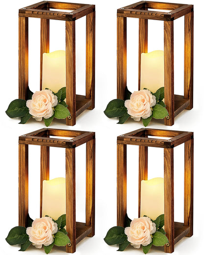 Huquary 8 Pcs Wooden Wedding Lantern Centerpiece for Table Decoration Includes 4 Farmhouse Candle Holder and 4 Flameless Decorative LED Candles for Rustic Home Wedding Decor(Dark Brown)