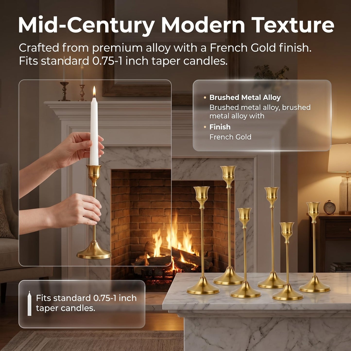 Oakernel French Gold Taper Candle Holders 4 Sets(12 Pcs) - Tall Metal Candlestick Holders for Table Centerpiece, Formal Dinner, Wedding, Fireplace Mantel Decor, Fits 3/4 Inch Thick Candles