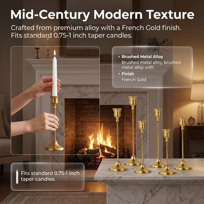 Oakernel French Gold Taper Candle Holders 4 Sets(12 Pcs) - Tall Metal Candlestick Holders for Table Centerpiece, Formal Dinner, Wedding, Fireplace Mantel Decor, Fits 3/4 Inch Thick Candles