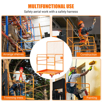 45 in x 43 in Forklift Cage, Max. 2200 LBS Forklift Man Basket with Harness & Wheels, Foldable Work Platform, Lift Basket Aerial Rails for Lifting Loader