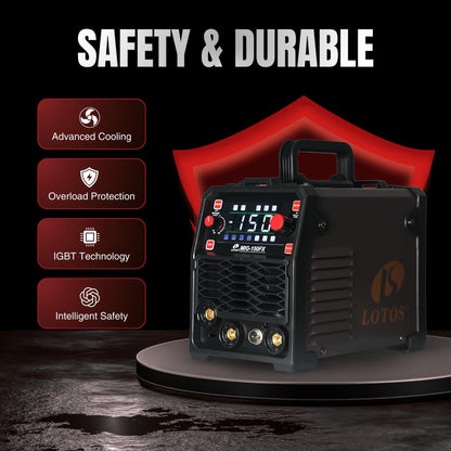 LOTOS OPTIMA 150A MIG Welder, 3-in-1 Synergic MIG Flux Core/MMA/TIG Welding Machine, 120V Portable IGBT Inverter with Large LED Display, 2T/4T/Spot Modes, Wire Feed 0.030"/0.035"