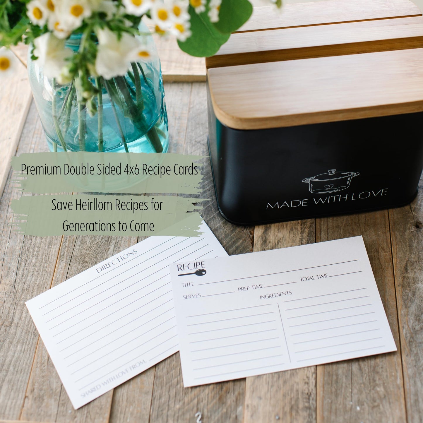 White Recipe Box With Cards And Dividers | Metal Recipe Card Holder w/ Bamboo Lid | 100 Modern Recipe Cards And Box Set | Recipe Card Box Organizer with 10 Dividers | Recipe Tin for Kitchen