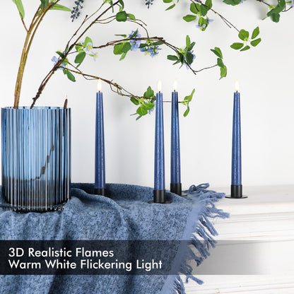 Fanna 9.6" Flameless LED Taper Candles with Timer in Real Wax, Battery Operated Rustic Wax Dinner Candlesticks with Remote, 8 Batteries Included - Set of 4 - Dark Blue