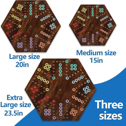 Large Size 20 inches Wood Wahoo Marble Board Game 2 Sided Game 4-6 Player for Friends and Family Party Classic Wahoo Style Strategy Racing Game with 6 Dices30 Marbles (Rustic Brown)