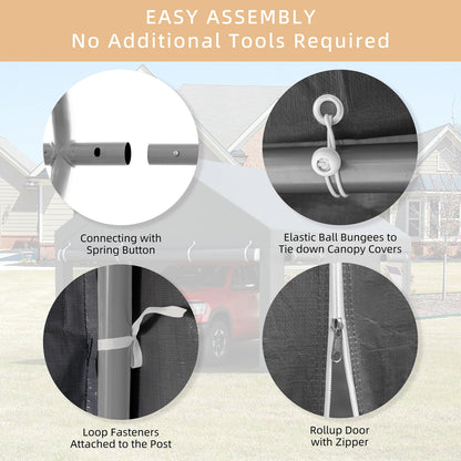 JY QAQA Carport, 12x20 FT Heavy Duty Carport with Removable Side Walls and Doors, Portable Garage with Roll-Up Window and Sandbags, Car Canopy with All-Season Tarp for Cars, Trucks, Boats, Grey
