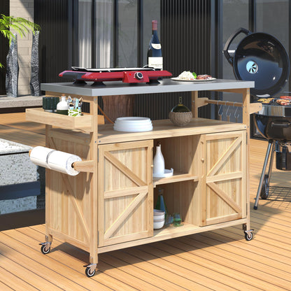 Sailret Outdoor Kitchen Island with Stainless Steel Top, Rolling Bar Cart & Storage Cabinet, 100% Solid Fir Wood BBQ Prep Station Grill Table with Spice Rack & Towel Holder (Natural, 50-Inch)
