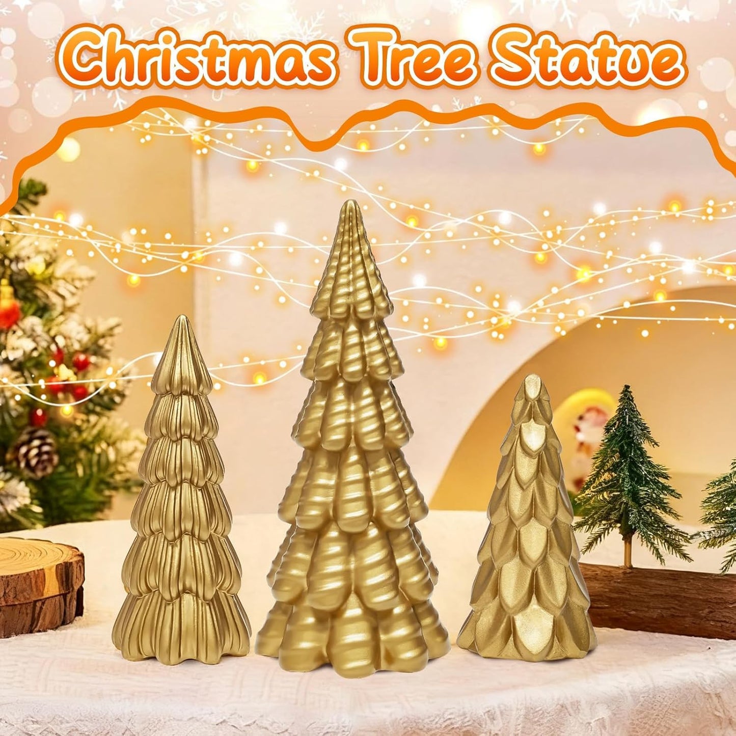 Warmtree Gold Christmas Tree Figurines Set - 3 Small Resin Tabletop Decorations for Festive Home Decor