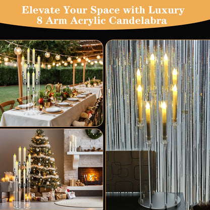 2Set 8 Arms Acrylic Candelabra Centerpieces for Tables Decortion,Clear Candle Holder for Wedding Dinner Fireplace Decoration and Home Decor,Candlesticks Holder with Lampshade Fits LED Candle