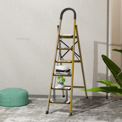 GameGem Lightweight Aluminum 6 Step Ladder for 12 Feet High Ceiling, Folding Step Stool Stepladders with Anti-Slip and Wide Pedal for Home and Kitchen Use Space Saving (Brown Gold)
