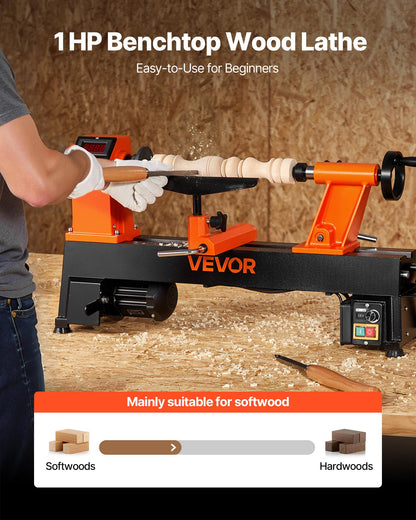 VEVOR Wood Lathe, 6Amp 1 HP Benchtop Wood Lathe Machine with 150 to 3800 RPM Variable Speed 12 x 18" Workbench Brushless DC Motor Cast Iron Construction for Beginners DIY Enthusiasts Woodworking