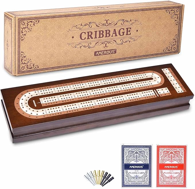AMEROUS Wooden Cribbage Board Game Set with Magnetic Lock - Metal Pegs - 2 Playing Cards - Continuous 3 Track Board - Larger Storage Area Travel Portable Cribbage Game Sets for Family