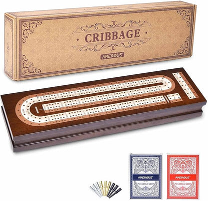 AMEROUS Wooden Cribbage Board Game Set with Magnetic Lock - Metal Pegs - 2 Playing Cards - Continuous 3 Track Board - Larger Storage Area Travel Portable Cribbage Game Sets for Family