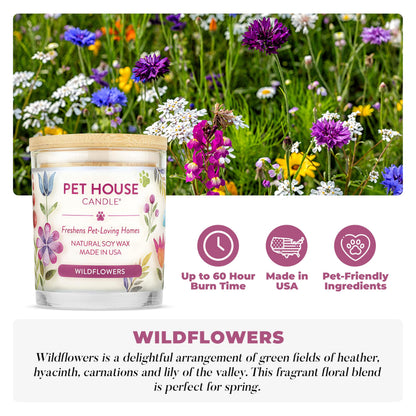 Pet House Candles, Plant-Based Long Lasting, Clean Burning Scented Pet Odor Candles, 60 Hour Burn Time - Wildflowers, 9 oz