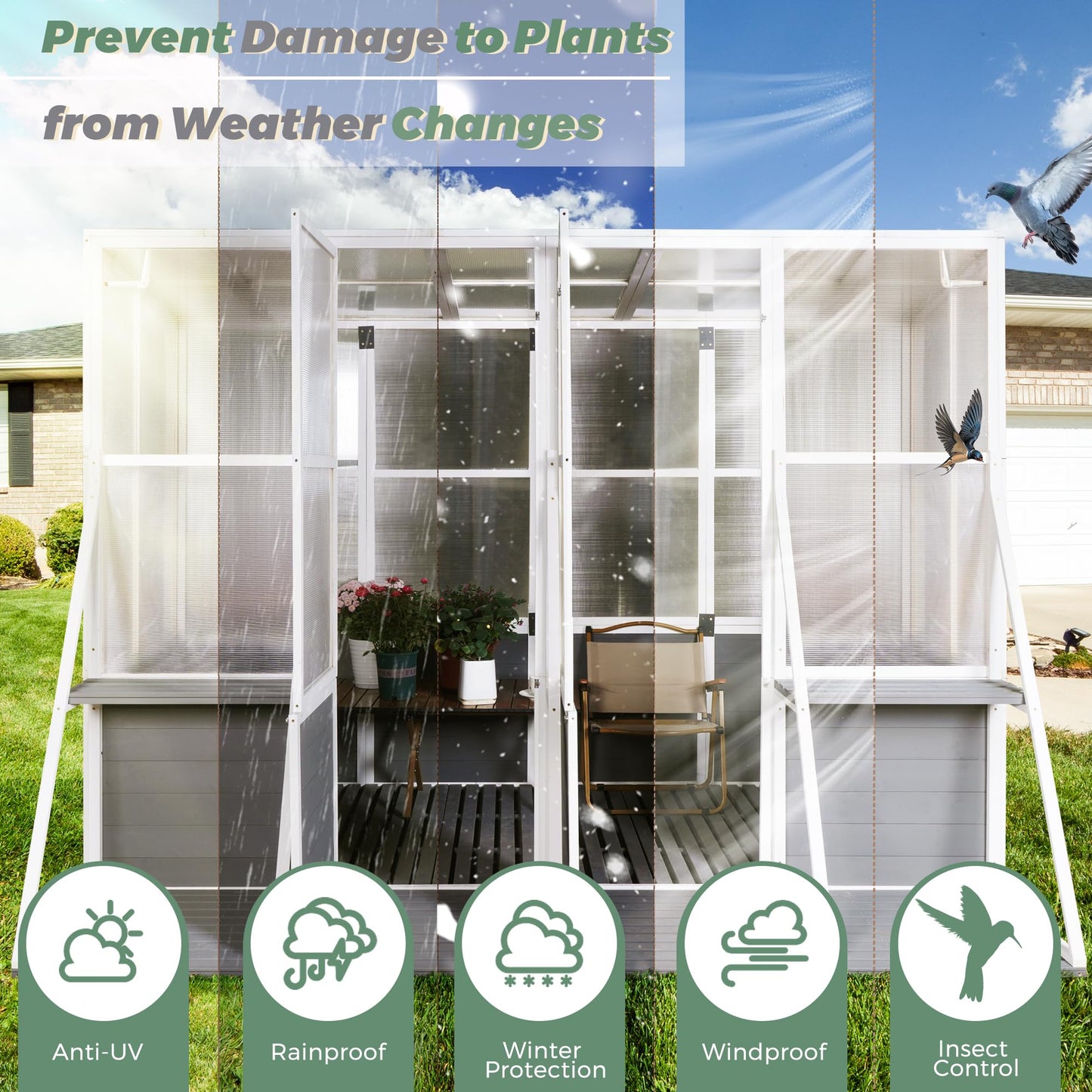 KEIKI Outdoor Polycarbonate Greenhouse Wooden Lean to Greenhouses, Heavy Duty Walk-in Green House w/ Triangular Support, Adjustable Roof & Shelves, Large Hot House for Sunroom Storage Shed, Garden