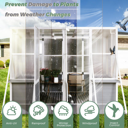 KEIKI Outdoor Polycarbonate Greenhouse Wooden Lean to Greenhouses, Heavy Duty Walk-in Green House w/ Triangular Support, Adjustable Roof & Shelves, Large Hot House for Sunroom Storage Shed, Garden