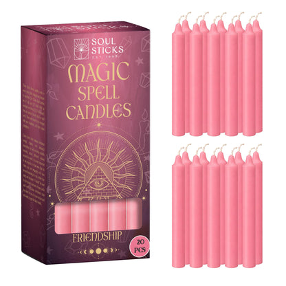 SOUL STICKS Friendship Magic Spell Chime Taper Candles 20 Pack - Ideal for Altar, Rituals, Ceremonies, Meditation Pink Taper Candle for Witchcraft Supplies, Wiccan Supplies, Candles Clearance
