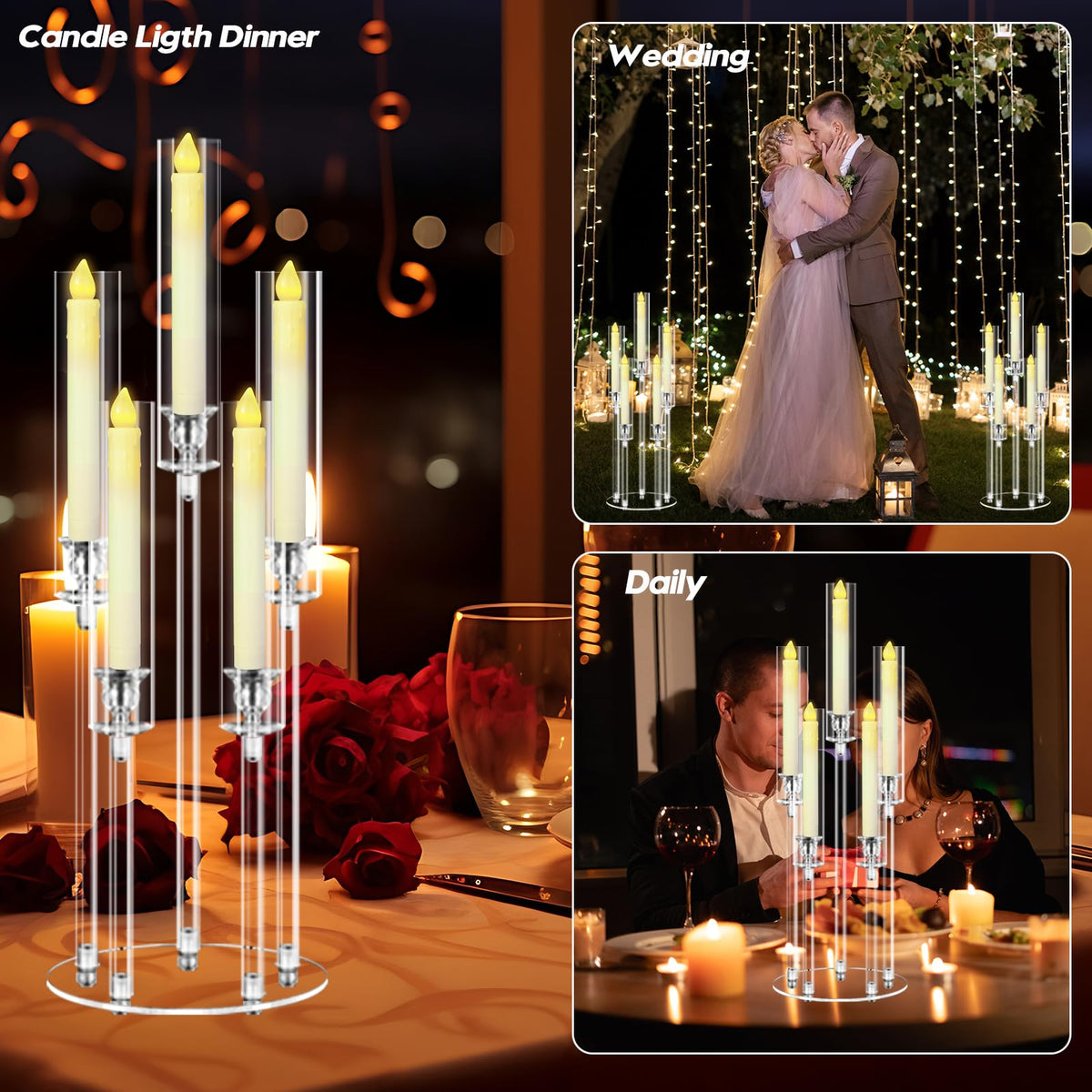 Cheloment 4 Sets 5 Arms Acrylic Candelabra Centerpieces for Tables, 27" Clear Candle Holder for Wedding Dinner Party and Home Decor,Candlesticks Holder with LED Candles