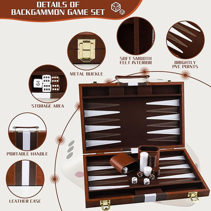 Froggod 15 inch Backgammon Sets for Adults - Classic Board Game for Adults - Portable Travel Backgammon Set for 2 Players - Perfect Adult Board Games for Gifts &amp Family Fun(Brown)