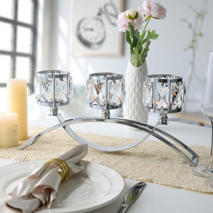3 Arms Crystal Bowl Tealight Candelabra Votive Candle Stand, Wedding centerpieces for Tables Crystal Candlestick，Centerpiece Table Decorations (Silver)