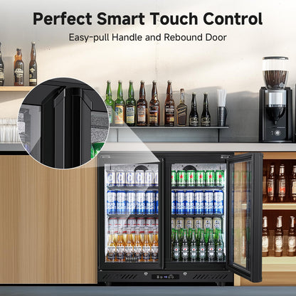 BODEGACOOLER 2 Door Back Bar Cooler, 7.4 Cu.Ft Commercial Beverage Refrigerator, Under Counter Drink Fridge with Glass Doors, Holds 209 Cans/117 Bottles, LED Lighting, Stainless Steel Top & Casters