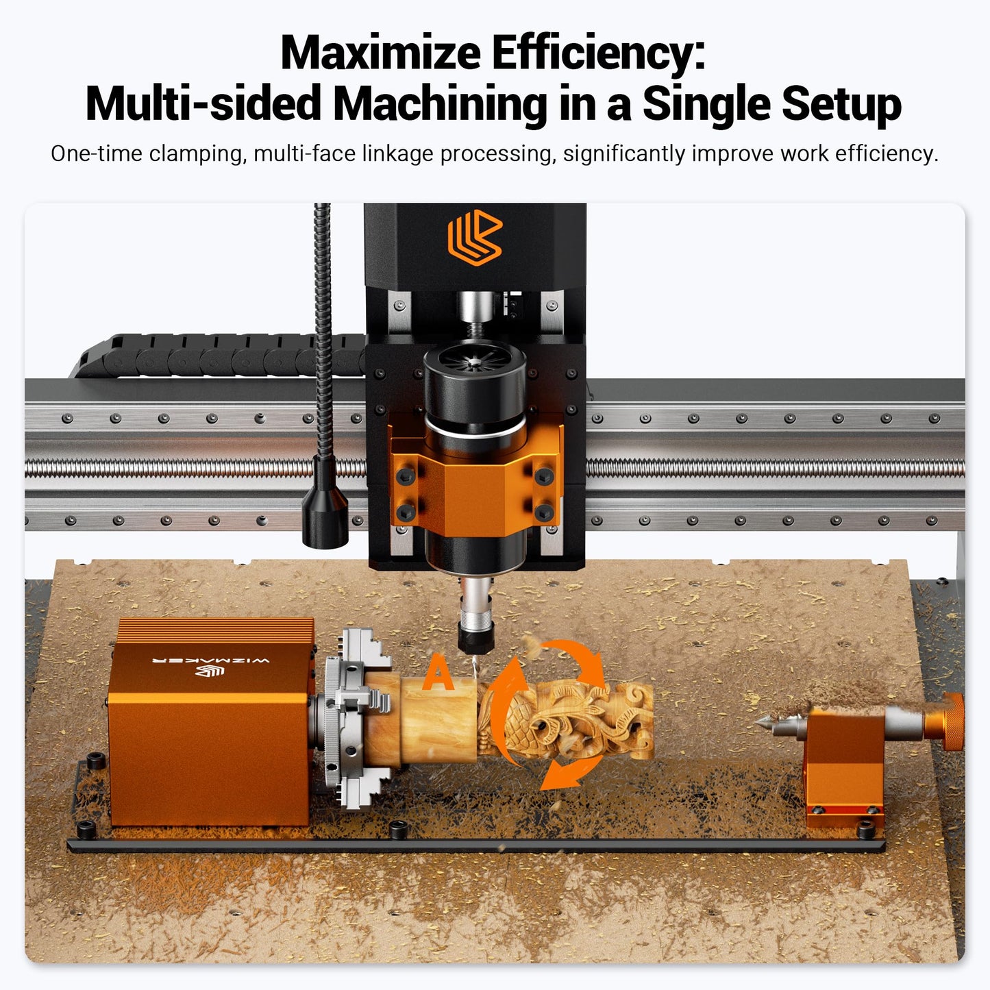 Wizmaker 4th Axis, CNC router engraving machine rotating 4th axis, belt reduction ratio: 1:4 (18:72) chuck diameter 4mm-63mm maximum length 190mm