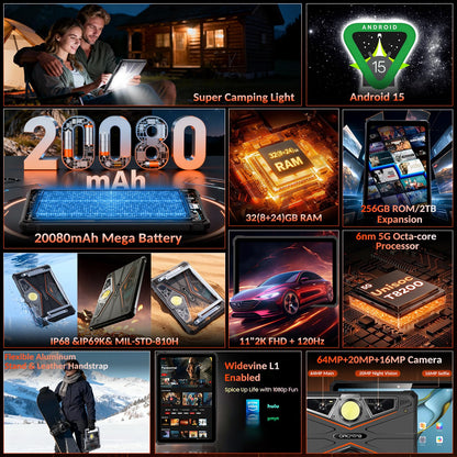ORCATAB WT1 Pro 2026 5G Rugged Tablet Android 15, 2K 11" 120Hz 33W 20080mAh Waterproof Tablet, 32GB+256GB/2TB Outdoor Tablets, 64MP+16MP+20MP Gemini AI/IP68/5G LTE WiFi/Face ID/OTG/GPS/Camping Lantern