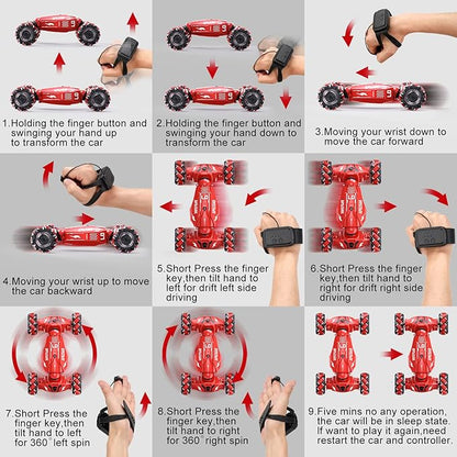Upgraded Hand Gesture Sensing RC Stunt Car with Lights Music Spray Drift Hand Gesture RC Car 360° Spins All Terrains Hand Controlled Truck Toys for 6 7 8 9 10 Year Old Boys