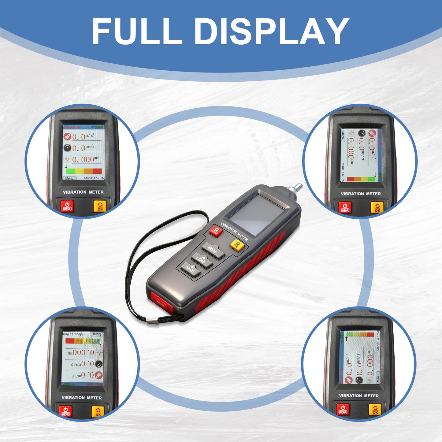 AMTAST Vibration Meter Digital Vibration Meter Measures 0.1~199.9m/s² Acceleration, 0.001~1.999mm Displacement & 0.1~199.9mm/s Velocity Vibration Detector Used for Industrial (Model AMF116)
