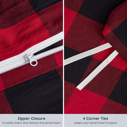 Wake In Cloud - Gingham Cotton Duvet Cover Set, Plaid Buffalo Check Checkered Farmhouse, 100% Washed Cotton Textured Bedding Set, 3 Pieces, Red Black, King Size