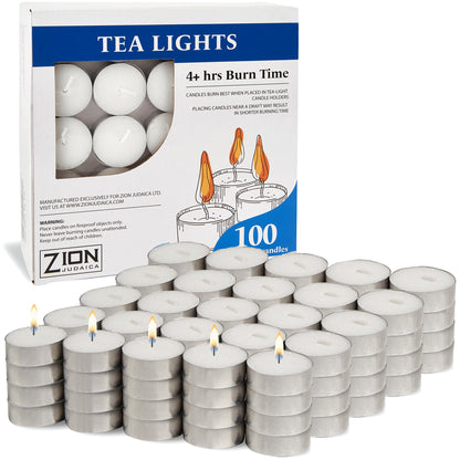 Zion Judaica Premium Unscented Tealight Candles Set Smokeless Multi-Pack Tea Candles Dripless Clean Burning Tea Lights Long Lasting Candlelight for Home Décor Religious Ceremonies (4 Hour, 100, Count)