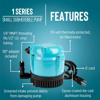 Little Giant #1 115 Volt, 1/150 HP, 205 GPH Direct Drive Small Submersible Fountain Pump with 6-foot cord, Blue, 501003