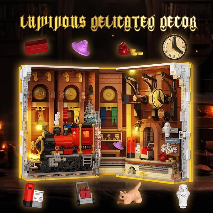 HOGOKIDS Magic Train Station Book Nook Building Set with Light 1300 PCS Booknook Building Toys for Bookshelf Home Decor DIY Miniature House Model Kit Gifts for Adults Boys Girls Age 10+