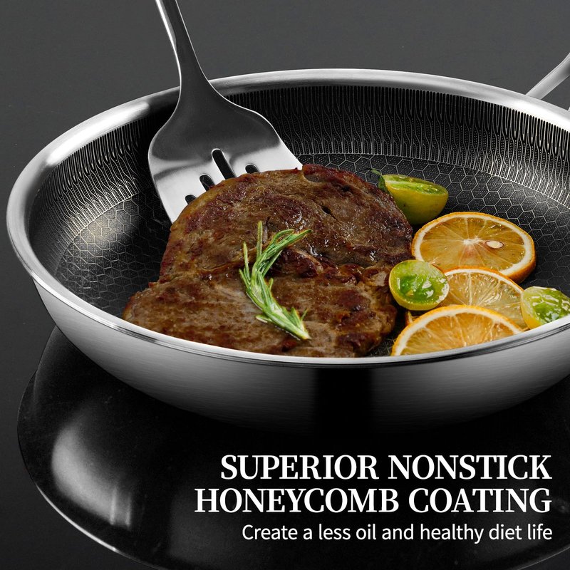 CADIVIZZO Stainless Steel Frying Pan with Lid - 9.5 Inch Nonstick Frying Pan with Lid, Honeycomb Stainless Steel Skillet Omelet Chef's Pan with Stay Cool Handle, Induction Compatible, PFOA Free
