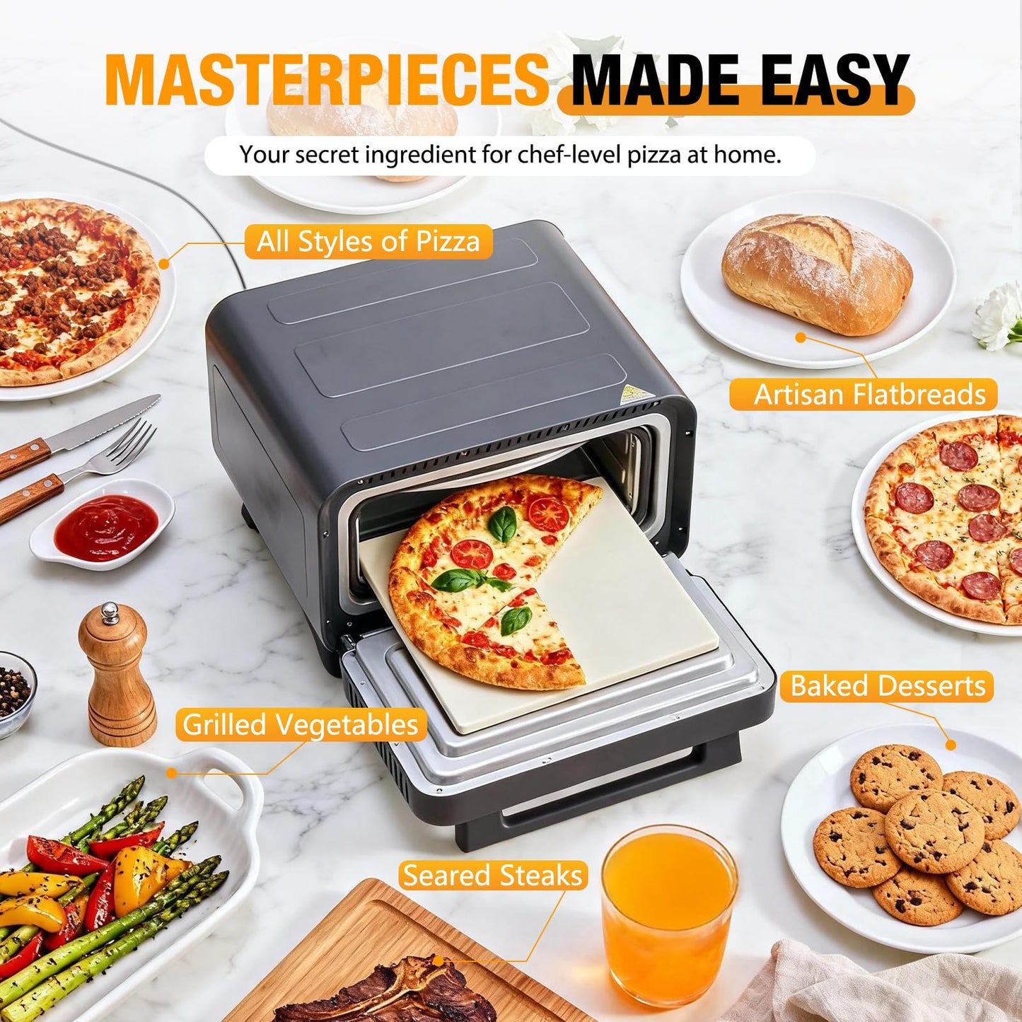 NEWBULIG Pizza Oven Indoor, Electric Pizza Maker Countertop with 6 Presets, Heats to 750°F, 1600W, Makes 12.6'' Pizzas, Includes Stone & Spatula, Touchscreen & Mechanical Control Knobs