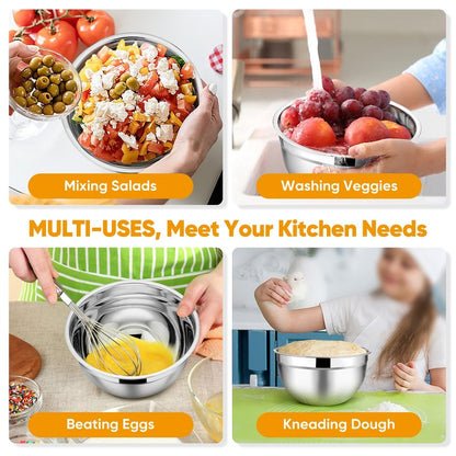 TeamFar Mixing Bowl Set of 5, 4.5/3/1.5/1/0.7 QT, Stainless Steel Metal Nesting Salad Bowl with Lid Set, Ideal for Mixing Serving, Non-Toxic & Sturdy, Airtight Lid & Easy Clean, Black