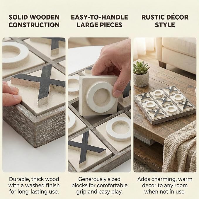 JEVERGN 12.6 Large Wooden Tic Tac Toe Game Rustic Coffee Table Game Wood Farmhouse Tic Tac Toe Board Game Decor Family Games for Adult &amp Kids Washed Brown