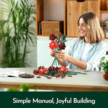 Rose Flower Bouquet Building Set for Adults Buildable Artificial Poinsettia Floral Botanical Decor for Table Centerpiece Birthday for Women Girlfriend Mom Wife(917 Pcs)