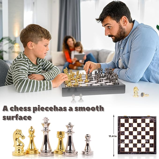 Metal Chess Set for Adults and – Marbling Chess Board with Chess Pieces – Travel Chess Sets with Extra Queens with zinc Alloy Metal Pieces – Ideal for Beginners and Professional Players