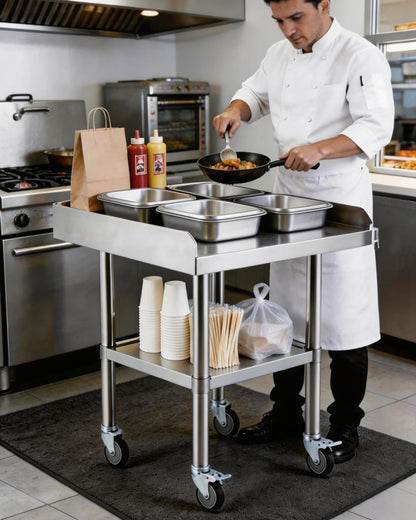 24 x 24 Stainless Steel Prep Table with Wheels – Commercial Mobile Workstation, Adjustable Undershelf, 3-Sided Backsplash – NSF Kitchen Worktable for Restaurant, Home, Garage & Catering