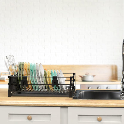 Simple Houseware Dish Drying Rack with Drainboard, Utensil Holder & Mug Hooks, Black Metal Kitchen Counter Organizer