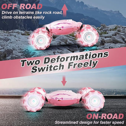 Pink RC Car Toys for Girls Aged 6-12 Gesture Sensing RC Stunt Cars with Lights Music for Girl Birthday Xmas Gifts 2.4GHz 4WD Pink Remote Control Toy Double-Side Flip 360° All-Round Rotation