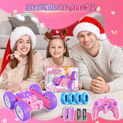 Remote Control Cars for Girls 2.4GHz RC Stunt Car with 360° Flips &amp Double Sided Driving Changeable Wheels LED Headlights Birthday Gift for 5-12 Year Old Girls (Pink)