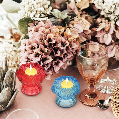 HOMOCONO 3pcs Glass Candleholder Set with High Base, Blue Red Pink Small Decorative Butter Lamp Holders for Desktop Religious and Home Décor